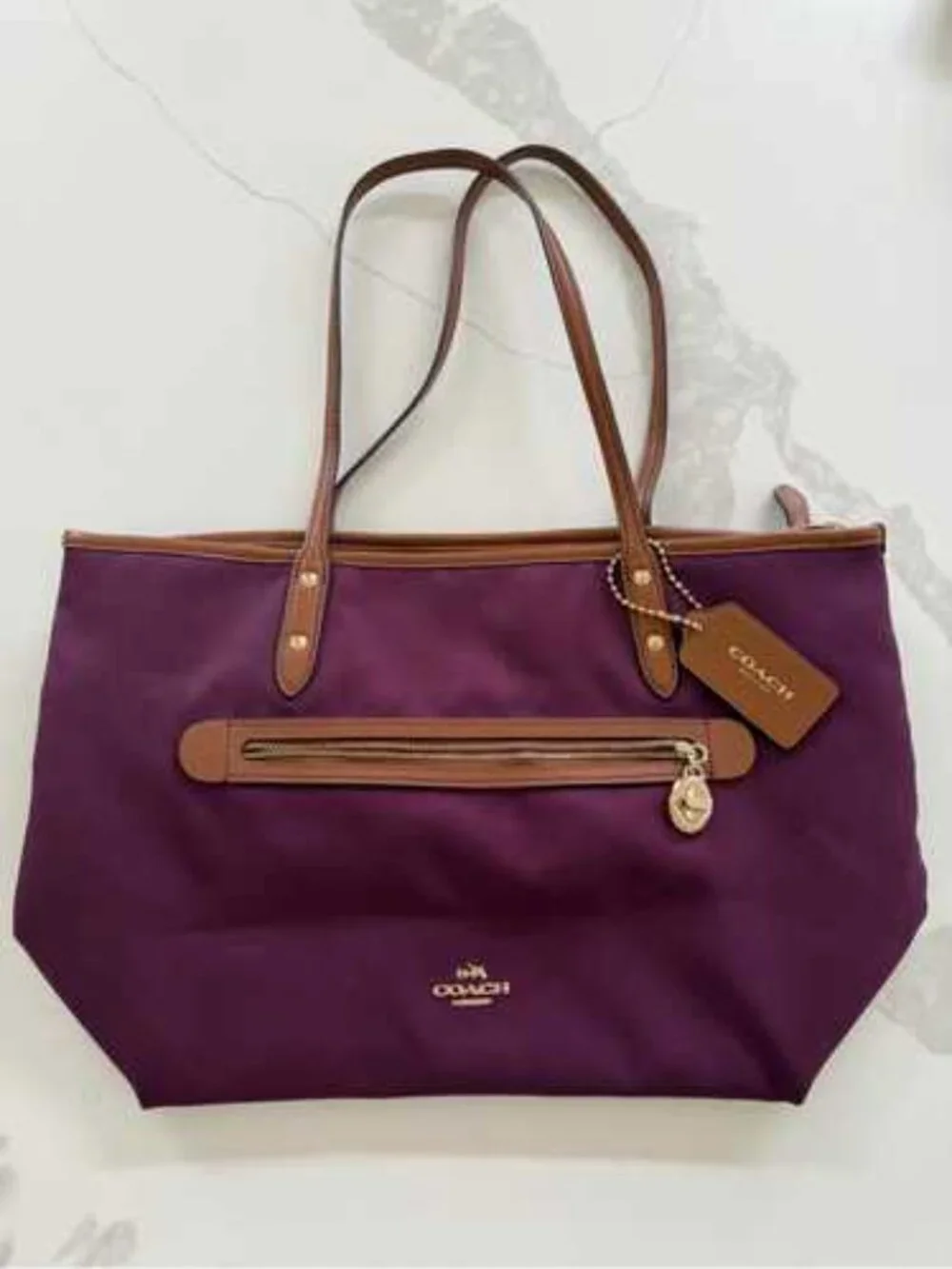 Coach Sawyer Plum Canvas & Leather Tote Bag Gold Hardware Charm Purple